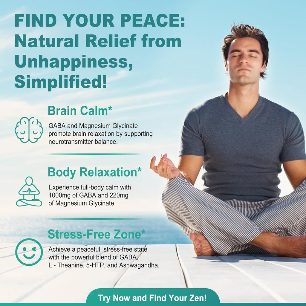 GABA Supplement - 1000 Mg Liposomal Form for Optimal Absorption, GABA with L-Theanine, Magnesium Glycinate, 5HTP, Vitamin D3 for Calm, Relaxation, Mood, Restful Night - Melatonin-Free 120 Softgels.