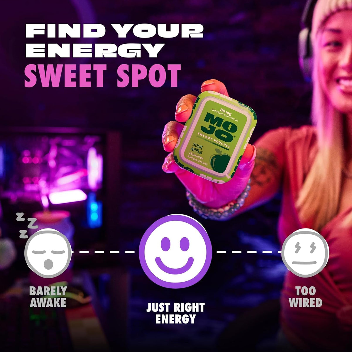 MOJO Energy Pouches Sour Apple Flavor, 50 Mg per Caffeine Pouch, 15 Pouches, Single Pack