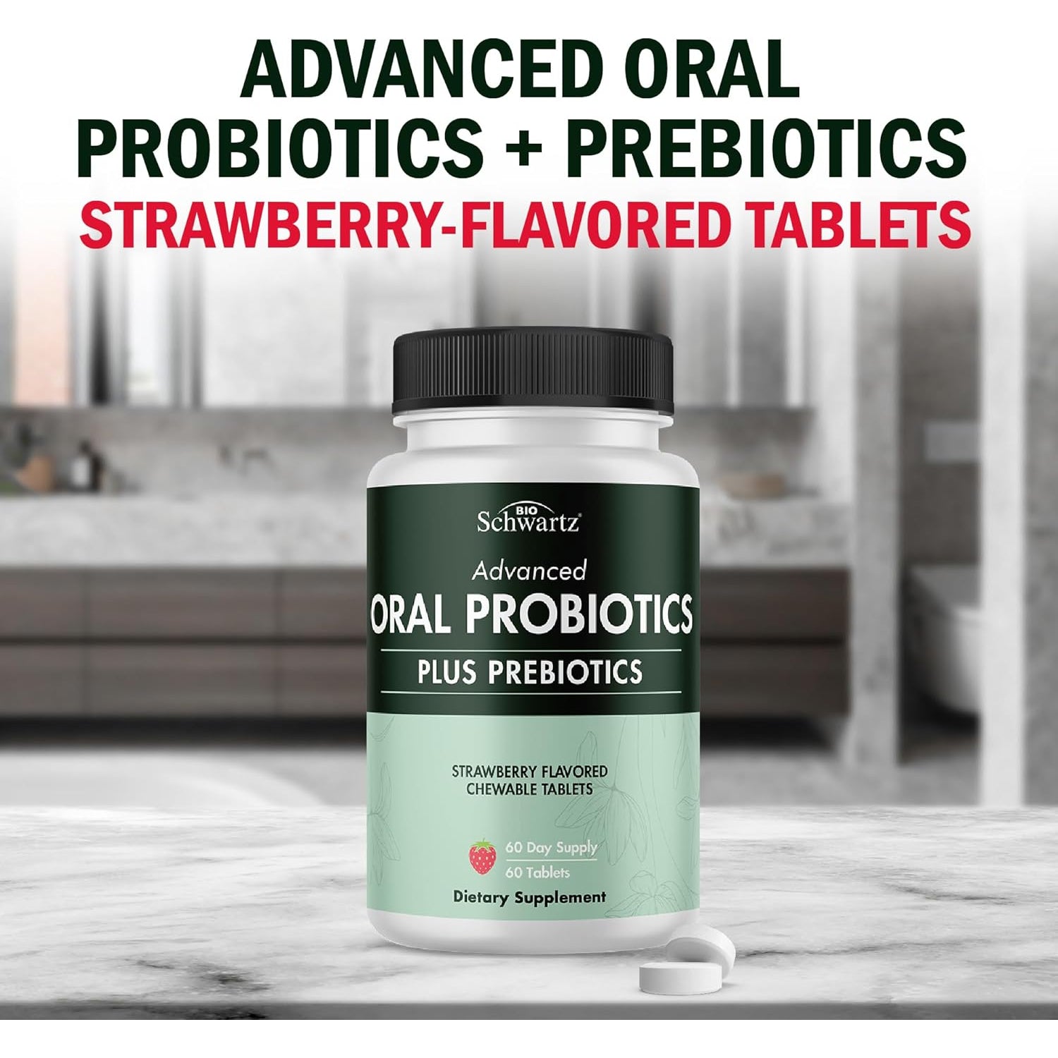 Oral Probiotics Supplement with Prebiotics - Supports Healthy Teeth Gums Mouth and Fresh Odorless Breath for Adults - Strawberry Flavored Chewable Dental Probiotic (60 Tablets, 60 Day Supply)