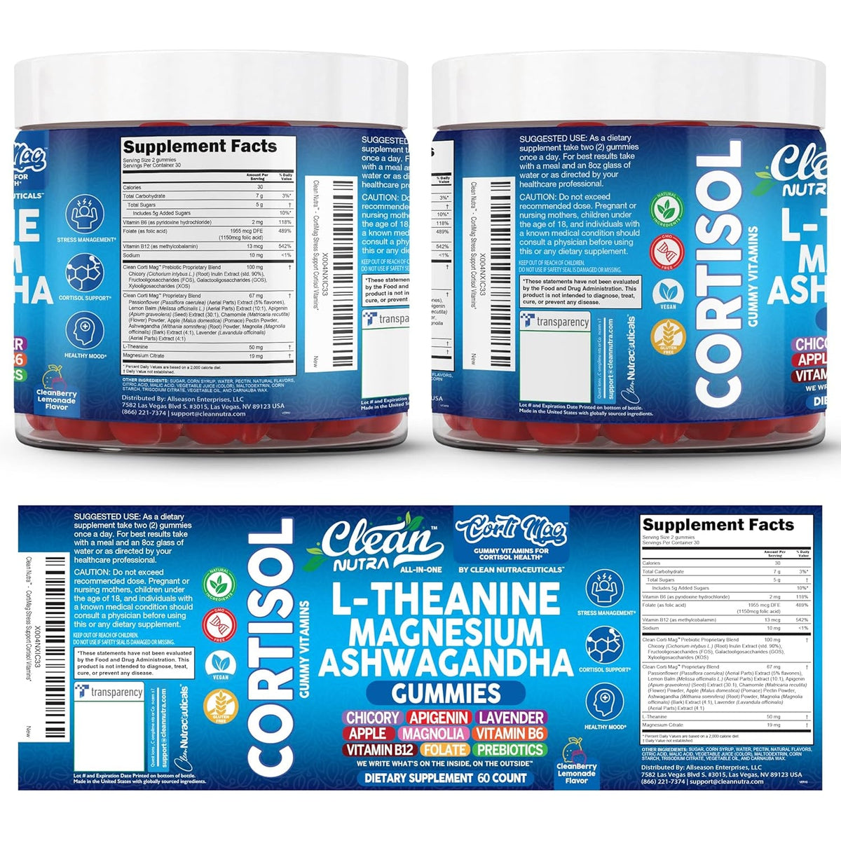 Clean Nutra Cortisol Supplement Gummies L-Theanine Magnesium Ashwagandha Apigenin Vitamin B6 Sleep and Calm Support Lavender Chicory Prebiotic Advanced Gummy Formula