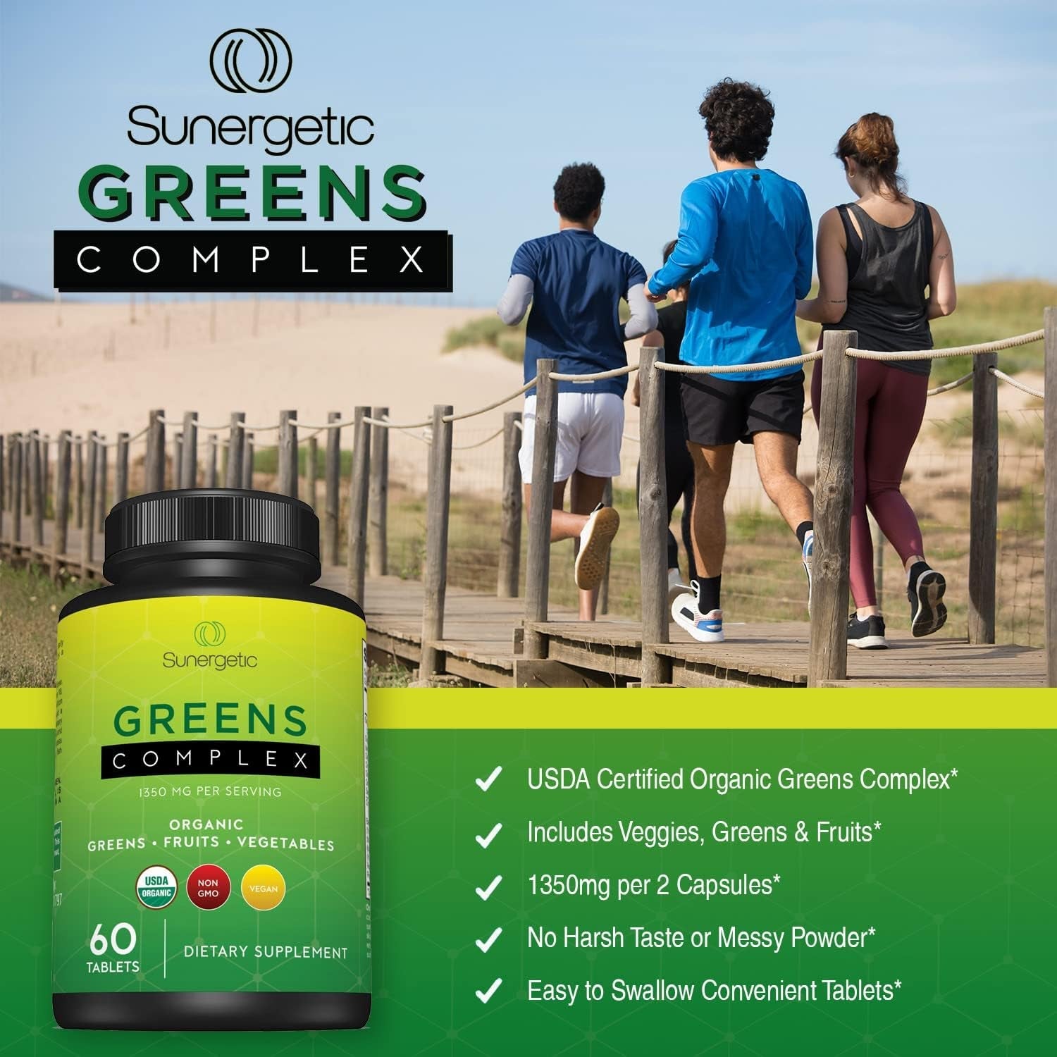 Sunergetic Premium USDA Organic Greens Superfood Tablets – Greens Superfood Powder Includes Veggies, Fruits & Polyphenols – Daily Greens Superfood Powder Supplement– 60 Greens Tablets