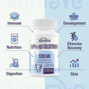 Yonrave Bovine Colostrum Capsules Supplement 1300Mg - Extra High 60% Igg Bovine Colostrum - Gut, Bone, Exercise, Immune - 60 Capsules