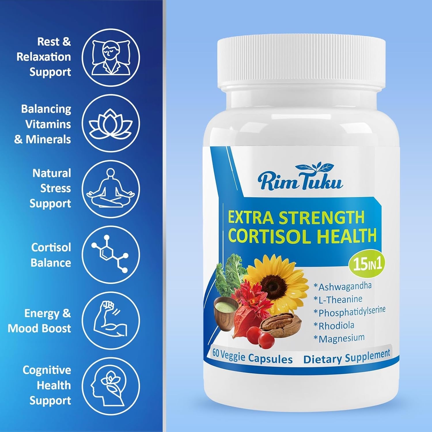 Cortisol Supplements for Women & Men -15-In-1 Cortisol Detox for Women, Cortisol Manager & Reducer with Ashwagandha, Rhodiola Rosea Supports Stress Relief, Adrenal Balance, 60 Capsules