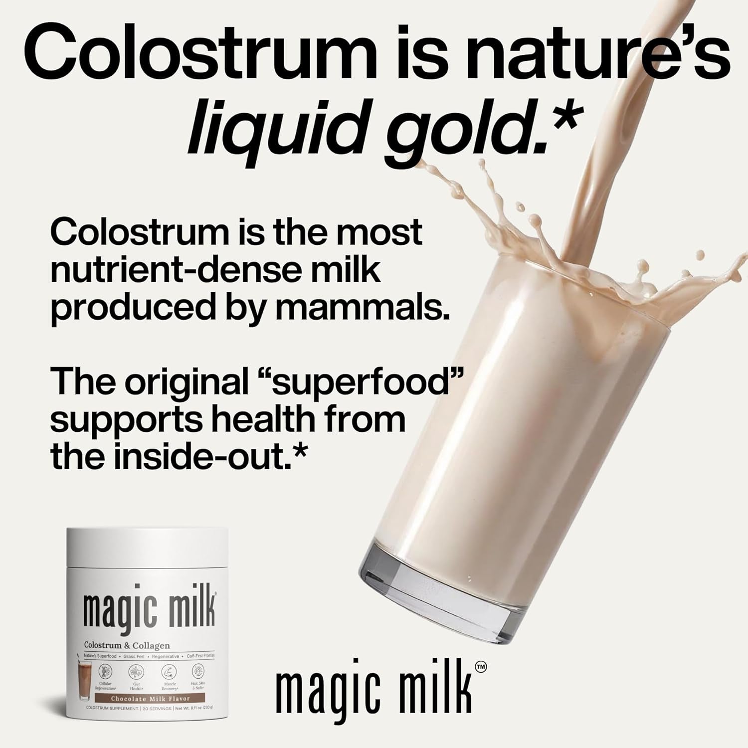 Magic Milk | Grass- Fed Colostrum | Chocolate Milk Flavor | Supports Immunity & Muscle Recovery | Gut Health Superfood | Nutrients for Skin & Hair Health | Bovine Colostrum & Collagen | | 20 Servings