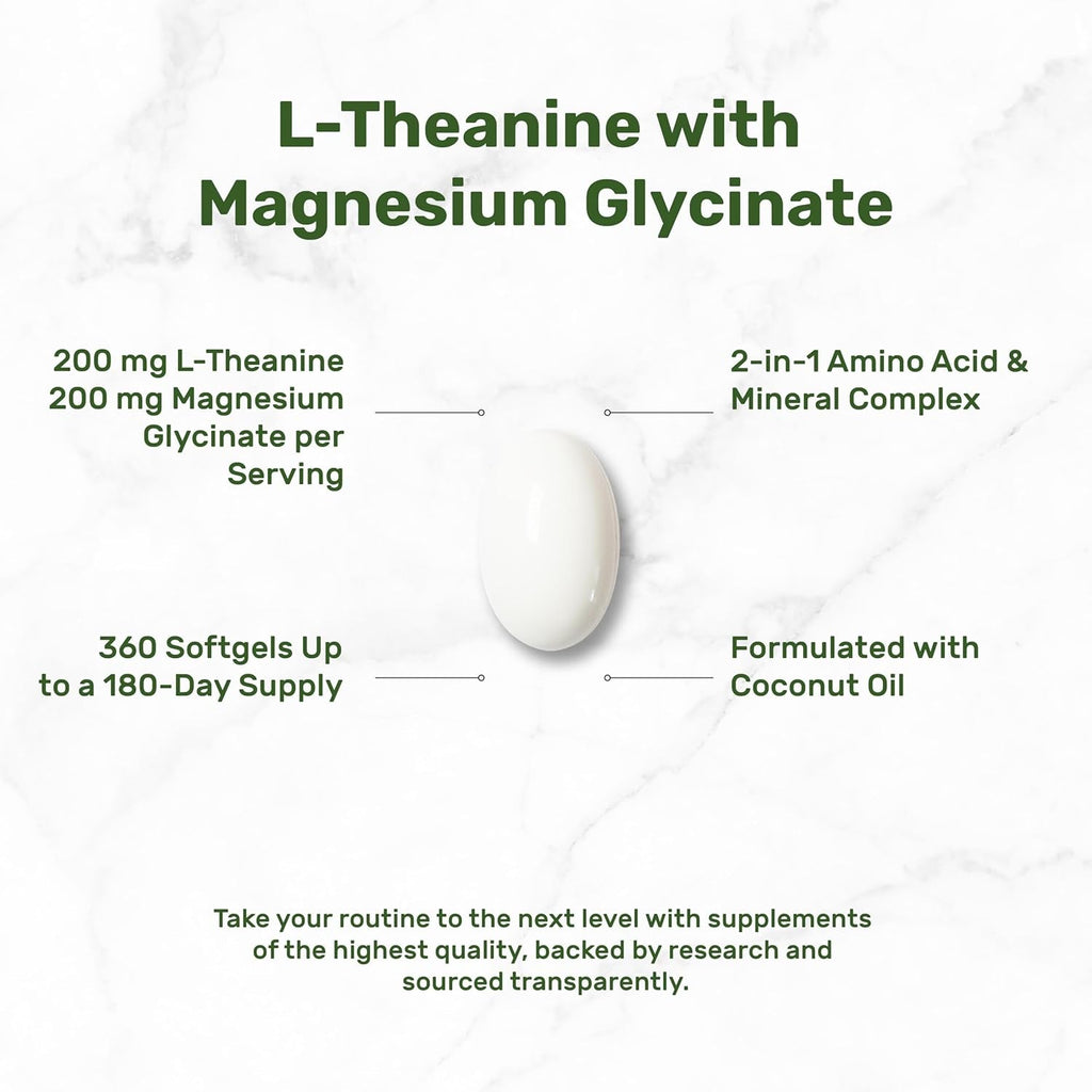 L-Theanine with Magnesium Glycinate, 360 Softgels | L-Theanine 200Mg & Magnesium Glycinate 200Mg per Serving | 2-In-1 Amino Acid & Mineral Complex | Made with Coconut Oil | Non-Gmo, Cgmp Manufactured