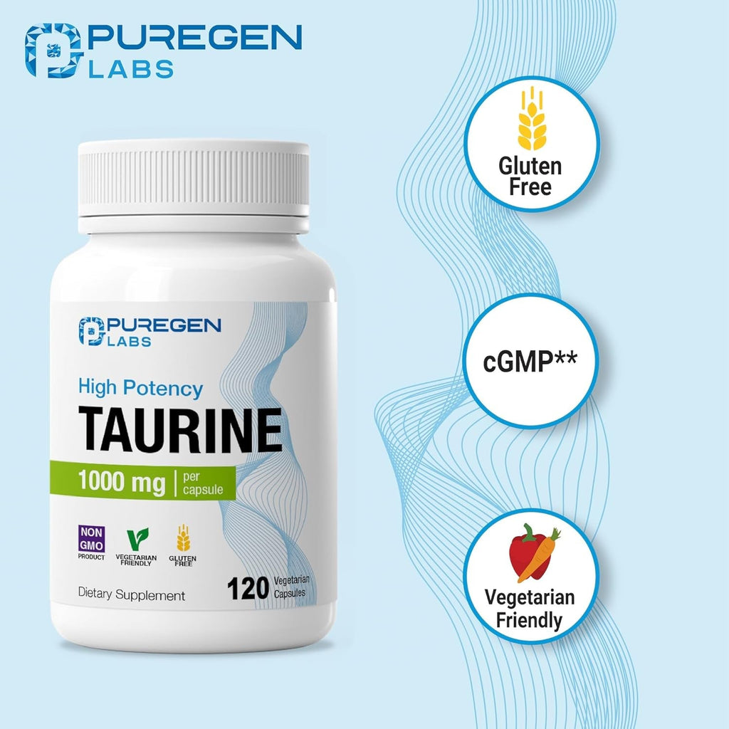 Puregen Labs Taurine 1000Mg [High Potency] 120 Veg Capsules | No Harmful Additives | Non-Gmo, NO Gluten and Dairy - 120 Servings