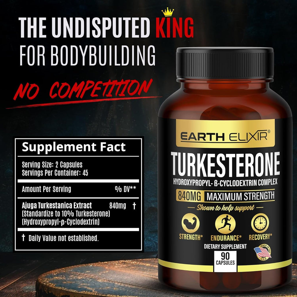 Turkesterone 840 Mg – Natural Testosterone Support - 100% Pure Turkesterone Supplement for Men & Women - Ajuga Turkestanica Extract - Made in USA & 3Rd Party Tested for Strength, Energy & Vitality