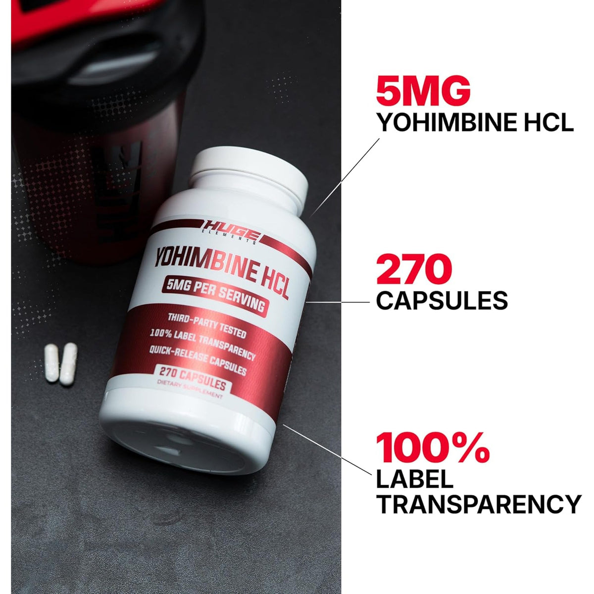 Huge Supplements Yohimbine Hcl 5Mg, Third Party Tested, Fat Loss & Energy Support, Advanced Performance Formula for Body Recomposition - 270 Veg Capsules