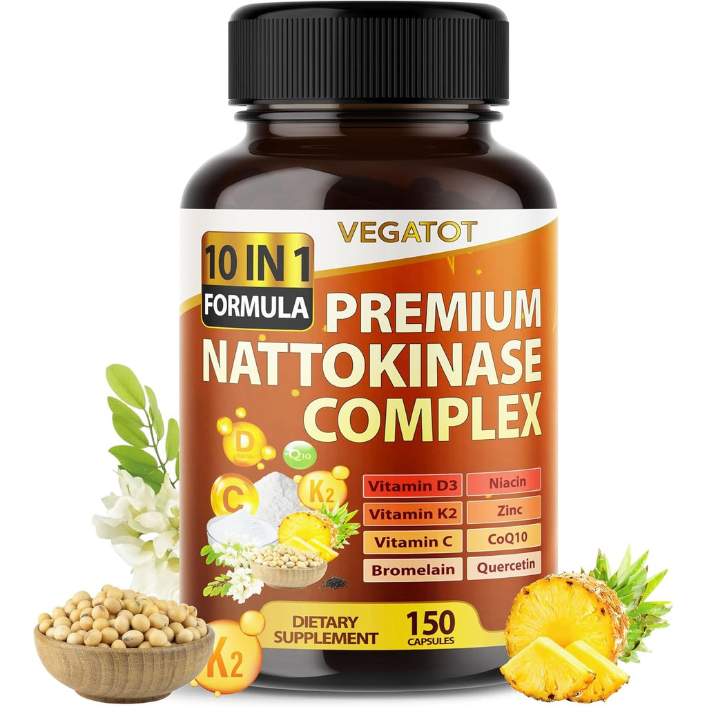 VEGATOT Organic Nattokinase Complex - 10IN1 Formula Vitamin D3, Niacin, Vitamin K2, Zinc, Coq10, Quercetin (150 Count (Pack of 1))