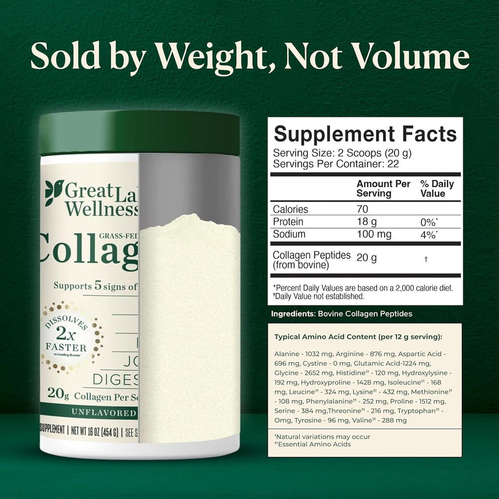 Great Lakes Wellness Collagen Peptides Powder – Supports Skin, Hair, Nails, Joints & Digestion – Hydrolyzed, Quick Dissolve, Non-Gmo, Keto & Kosher – Pure Collagen Protein (16 Oz, 22 Servings)
