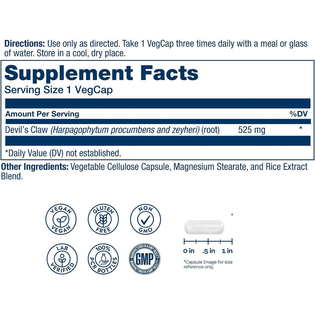 Solaray Devil'S Claw Root 525 Mg - Devils Claw Herbal Supplement, Devilsclaw Herb Pills, Cartilage Support for Men & Women, Non-Gmo, Lab Verified - 100 Vegan Capsules