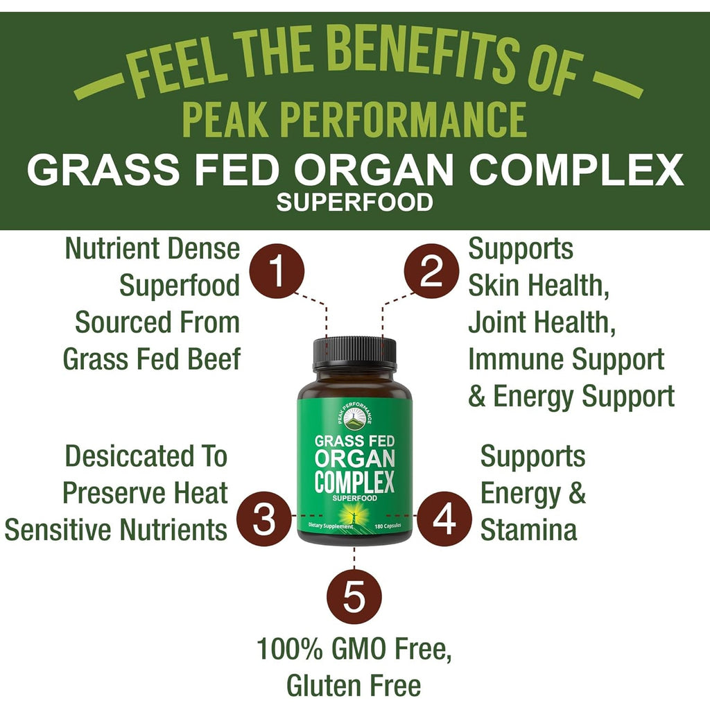 Peak Performance Grass Fed Beef Organ Complex from New Zealand (180 Capsules) Desiccated Organs Superfood Pills. Grassfed Beef Liver Capsules with Heart, Kidney, Pancreas, Spleen. Supplement