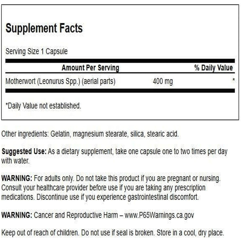 Swanson Motherwort - Herbal Supplement Traditionally Used to Promote Heart Health, Endocrine Function & Digestive Health - Natural Formula Promoting Wellness for Women - (60 Capsules, 400Mg Each)