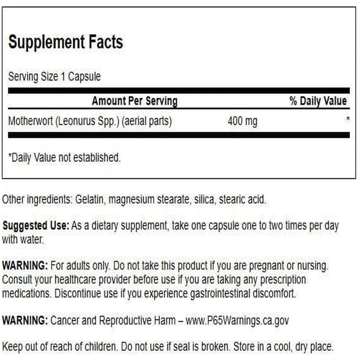 Swanson Motherwort - Herbal Supplement Traditionally Used to Promote Heart Health, Endocrine Function & Digestive Health - Natural Formula Promoting Wellness for Women - (60 Capsules, 400Mg Each)