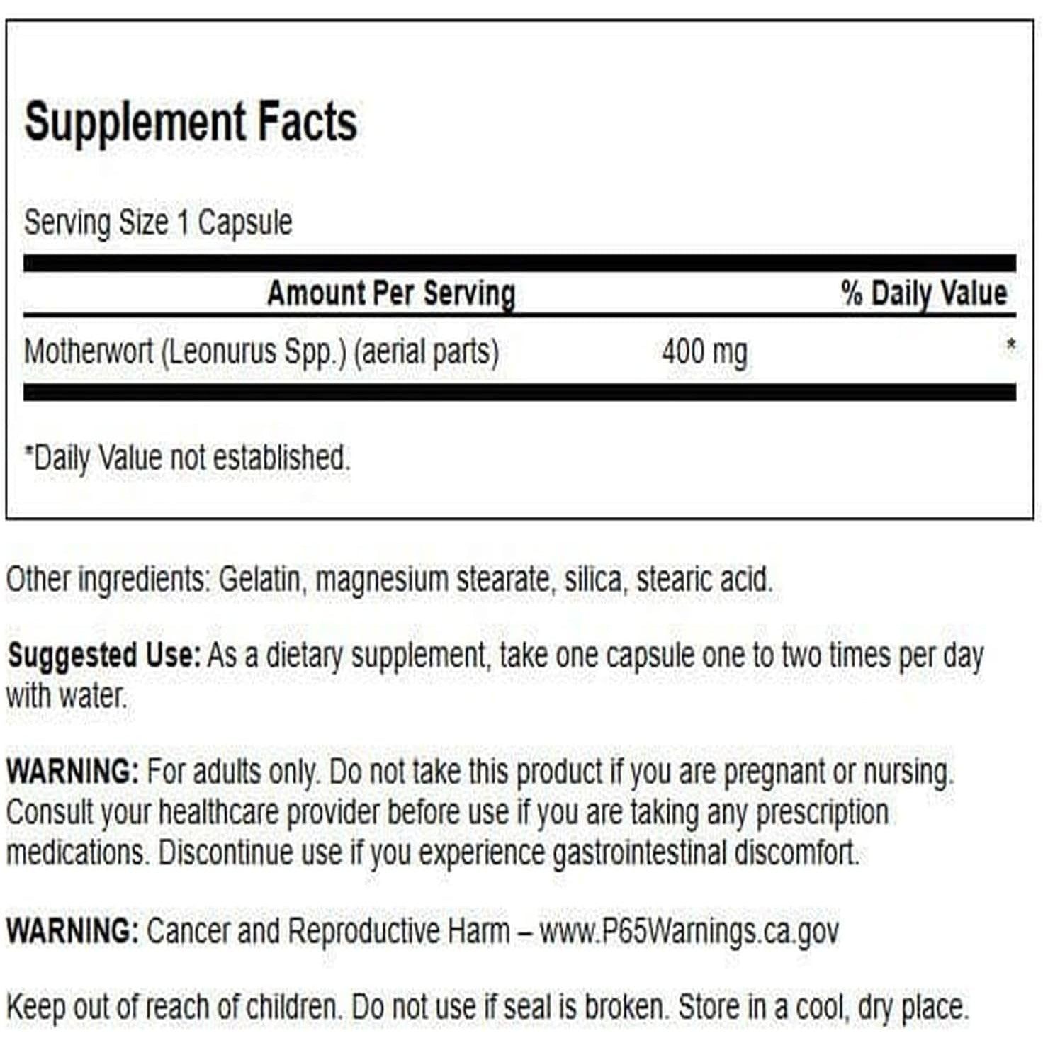 Swanson Motherwort - Herbal Supplement Traditionally Used to Promote Heart Health, Endocrine Function & Digestive Health - Natural Formula Promoting Wellness for Women - (60 Capsules, 400Mg Each)