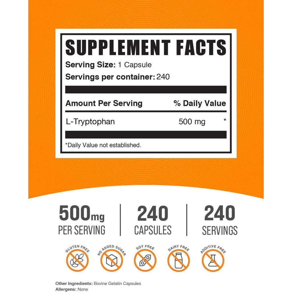 Bulksupplements.Com L-Tryptophan Capsules - Tryptophan Supplement, L-Trptophan 500Mg - Amino Acid Supplement, Gluten Free - 1 Capsule per Serving, 240 Capsules (Pack of 1)