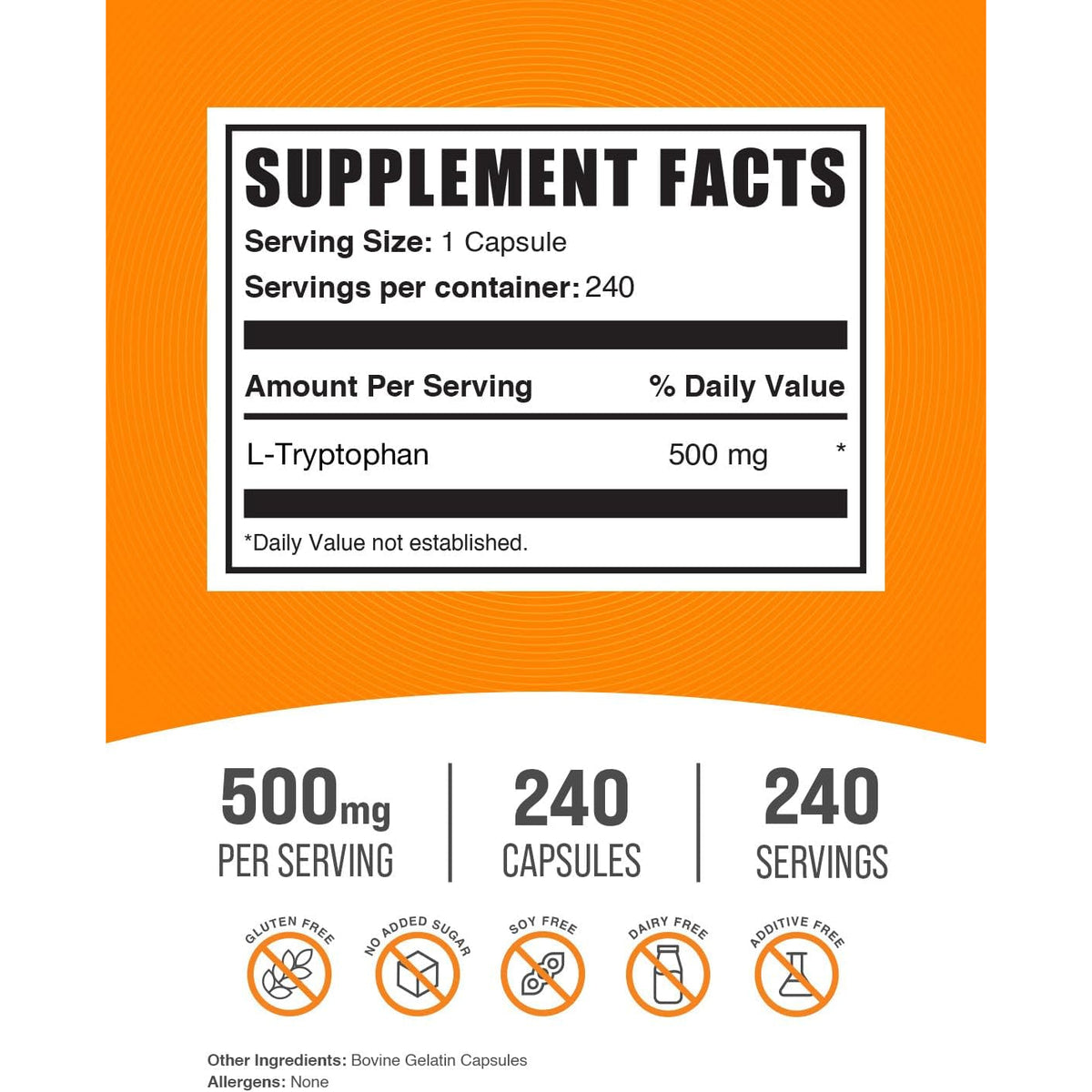 Bulksupplements.Com L-Tryptophan Capsules - Tryptophan Supplement, L-Trptophan 500Mg - Amino Acid Supplement, Gluten Free - 1 Capsule per Serving, 240 Capsules (Pack of 1)