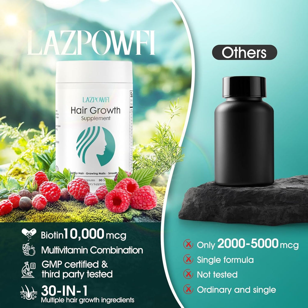 Hair Growth Products, Biotin 10000Mcg, 30-In-1 with Vitamin A, B3, C, D, E, Calcium, Hair Growth Supplement, Supports Hair & Nails Natural Growth Vitamins, for Women & Men - 30 Servings