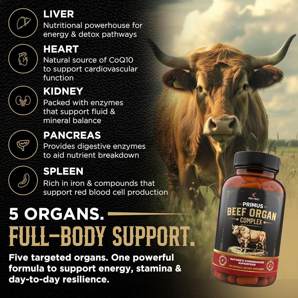 Beef Organ Supplement for Men & Women - PRIMUS Grass Fed Beef Liver Capsules with Heart, Primal Ancestral Blend 5 Organ Meat Supplements, Viking Energy Complex, Bioperine for Absorption, 180 Pills