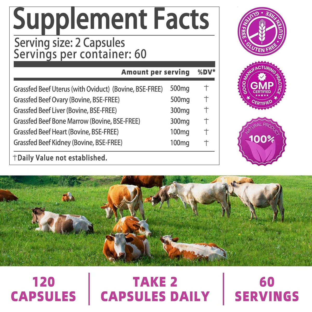 Beef Organ Supplement for Women - Grass Fed Beef Liver Organs with Heart, Uterus, Ovaries, Kidney, Bone Marrow, Supports Female Energy and Health, Pasture Raised, No Fillers, 60 Servings, 120 Capsules