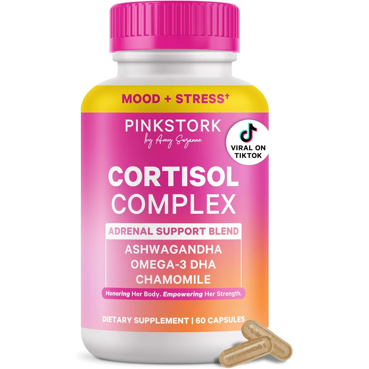 Pink Stork Cortisol Supplements for Women - Adaptogenic Adrenal Support & Stress Manager with Organic Ashwagandha, Omega 3, Saffron, Multivitamins - Mood & Hormone Balance - 60 Count