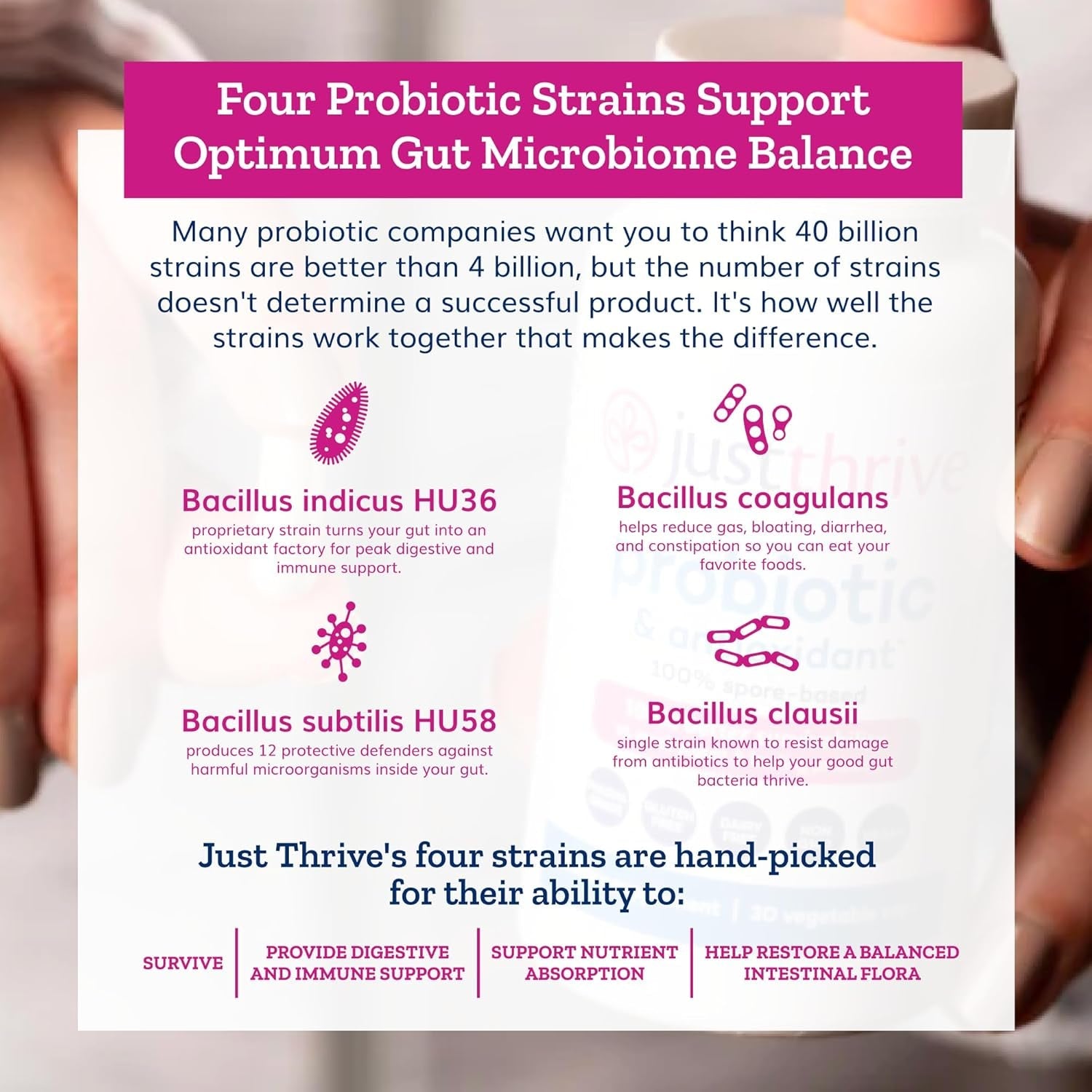 Just Thrive Probiotic & Antioxidant Supplement - 100% Spore-Based Digestive and Immune Support - Gluten Free, 30 Caps