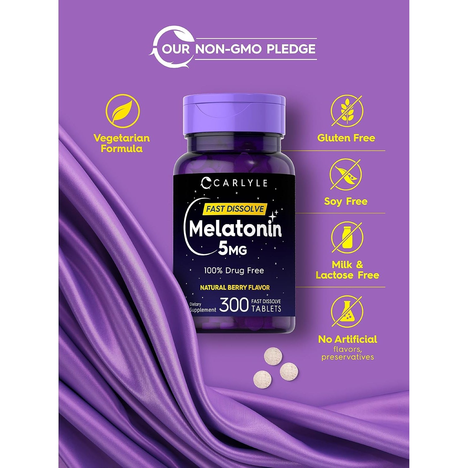 Carlyle Melatonin 5 Mg Fast Dissolve 300 Tablets | Berry Flavor | Vegetarian, Non-Gmo Supplement