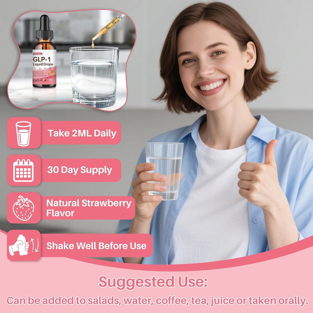 GLP-1 Supplement, GLP-1 Support Liquid Drops with Berberine, Chromium, Ceylon Cinnamon, Green Tea & Hops Flower Extract, GLP-1 Supplement for Gut & Metabolism Health, Vegan, Strawberry Flavor, 2 Fl Oz