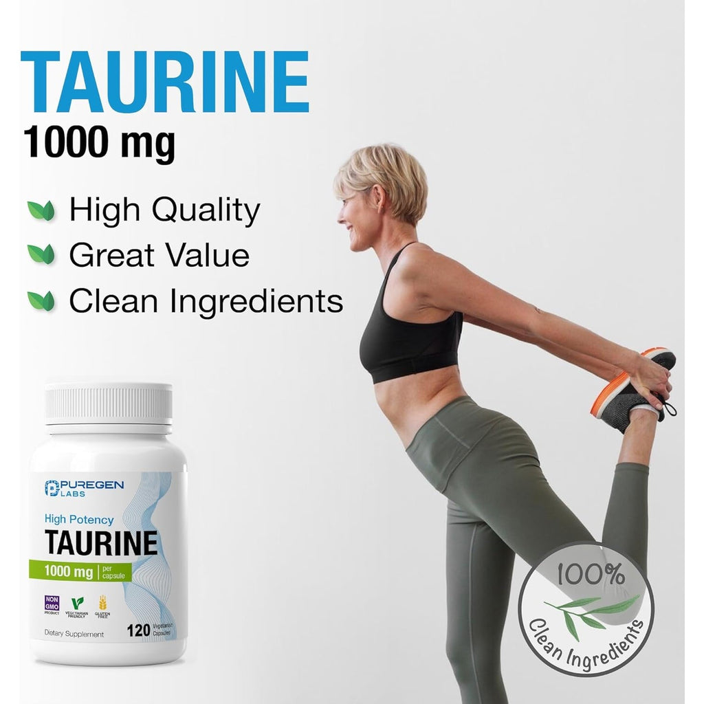 Puregen Labs Taurine 1000Mg [High Potency] 120 Veg Capsules | No Harmful Additives | Non-Gmo, NO Gluten and Dairy - 120 Servings