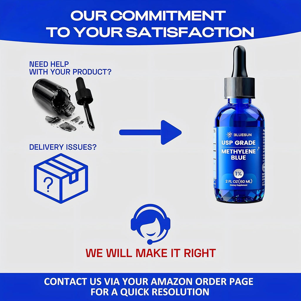 Bluesun Methylene Blue Drops 1% Pharmaceutical Grade - Made in USA, Formaldehyde-Free, Third-Party Tested, USP Purity 99.99%, Gmo-Free, Alcohol-Free - 2 FL OZ (60Ml) in Amber Glass, 10Mg/Ml
