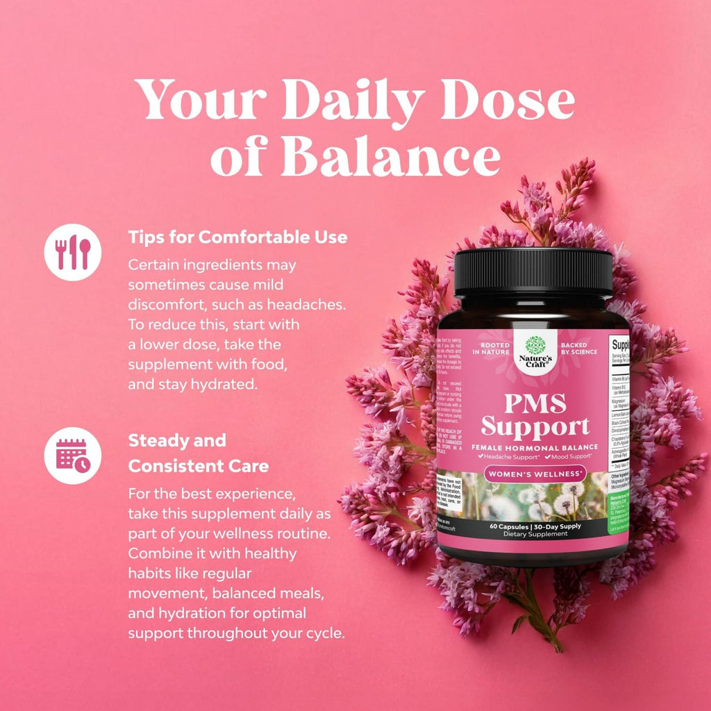 PMS Support Supplement for Women – Hormone Balance for Women & Menstrual Discomfort with DIM, Chasteberry, Black Cohosh & Ashwagandha - for Period Cramps Ease, Menopause Bloating, Mood Swing – 60 Ct