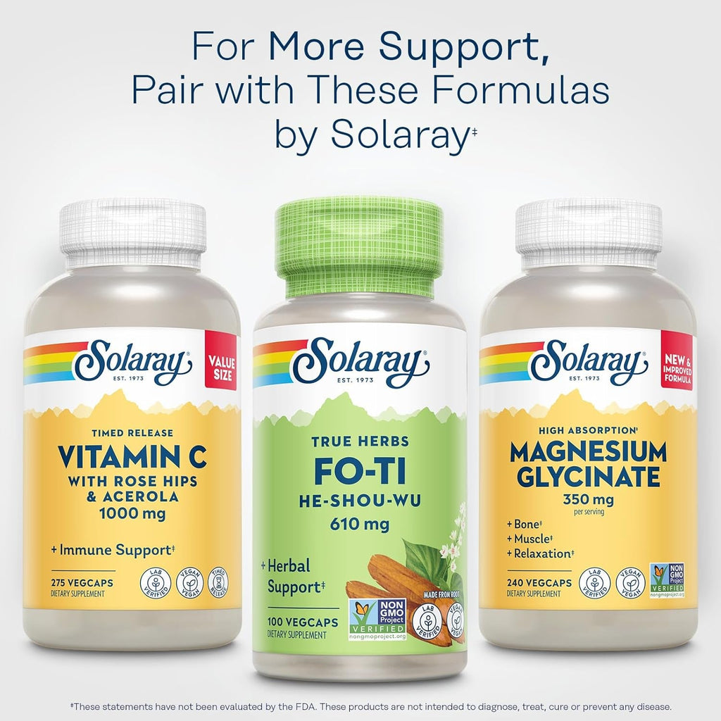SOLARAY Fo-Ti Capsules - Chinese Herbal Supplement for Men & Women, Support for Herbal Wellness, Vegan, Non GMO, & Lab Verified, 610 Mg - 100 Servings, 100 Veg Caps