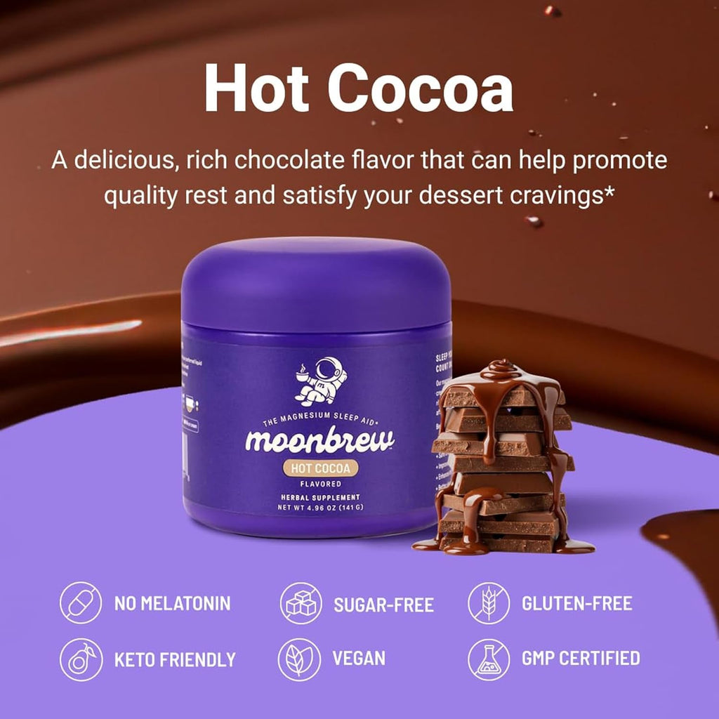 Moonbrew Magnesium Hot Cocoa Sleep Aid - Melatonin-Free Nighttime Drink Mix with Zinc Glycinate & Taurate - Sugar-Free Sleepy Hot Chocolate for Relaxation, Stress & Deep Rest - 25 Servings