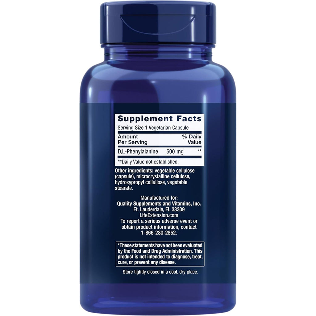 Life Extension D, L-Phenylalanine Capsules, 500 Mg – Supports Mood Health, Promotes Neurotransmitter Health – Gluten-Free, Non-Gmo, Vegetarian – 100 Capsules