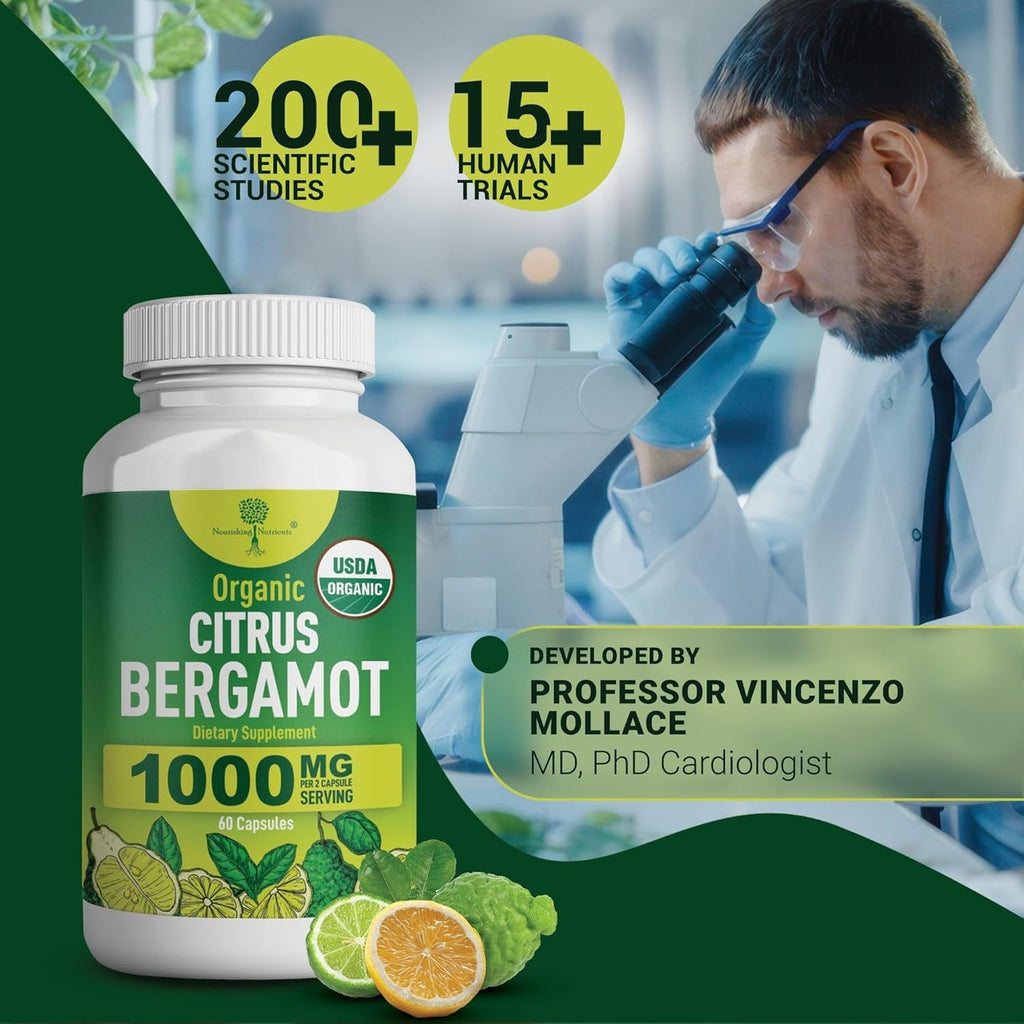Organic Citrus Bergamot Supplement - Only USDA, Cardiologist Formulated with 200+ Scientific Studies -1000Mg - Patented Extract, Heart, Cholesterol, & Lipid - Italian Bergamot High Polyphenols 60Caps
