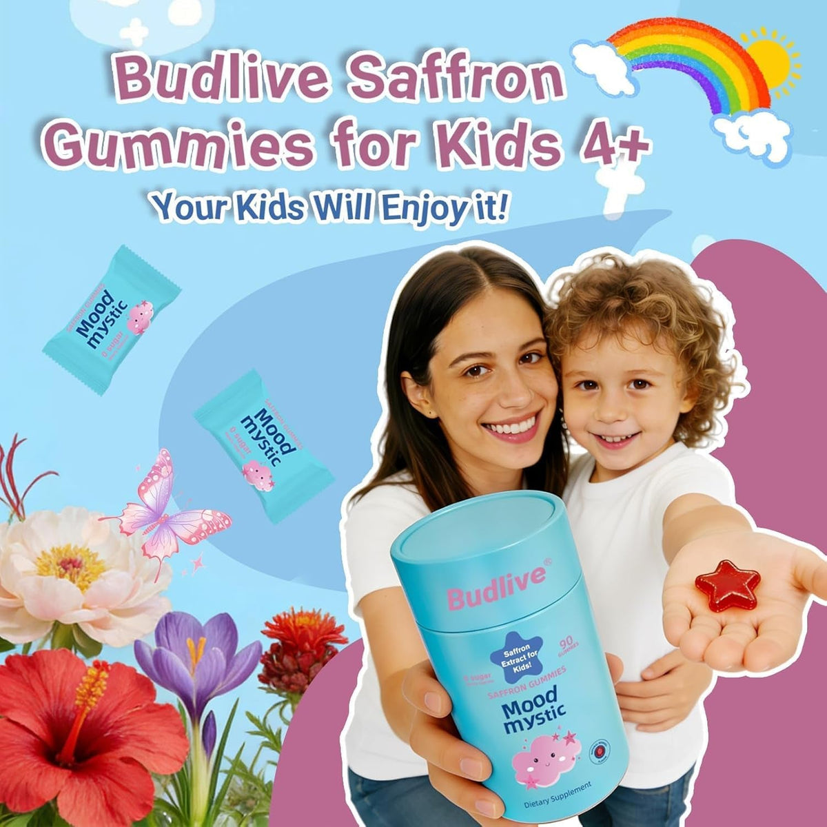 Saffron Gummies for Kids - Saffron Extract Supplements with GABA, Mood Munchies Calms Temper Tantrums, Supports Happy Mood & Cognition, Focus Calm Gummies for Kids 4+, Sugar Free Strawberry, 90 Counts