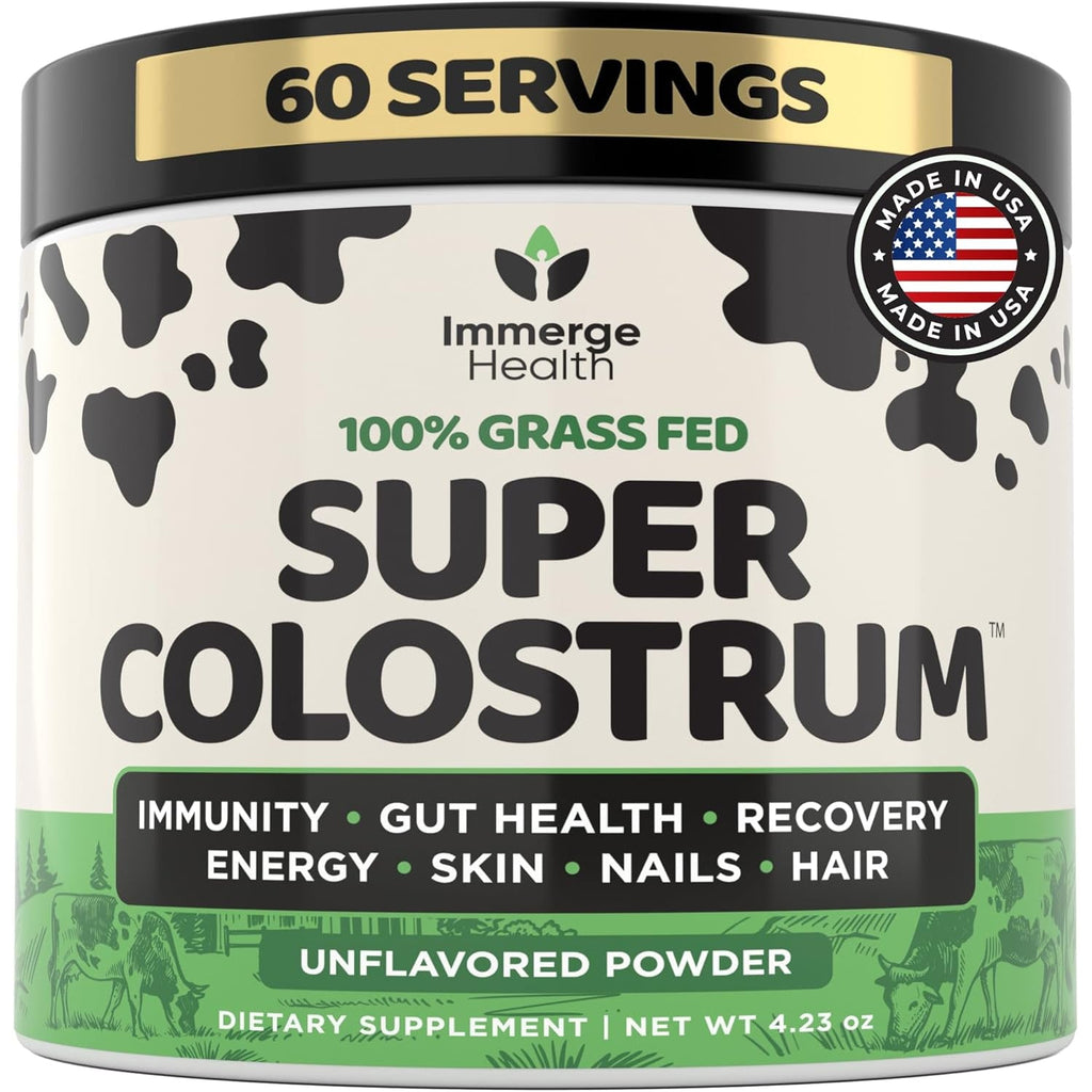Immerge Health Super Colostrum Powder (60 Servings) – Premium Bovine Colostrum Supplement for Gut Health, Bloating & Immune Support – High Igg, 100% Grass Fed First Milking, Unflavored, Made in USA
