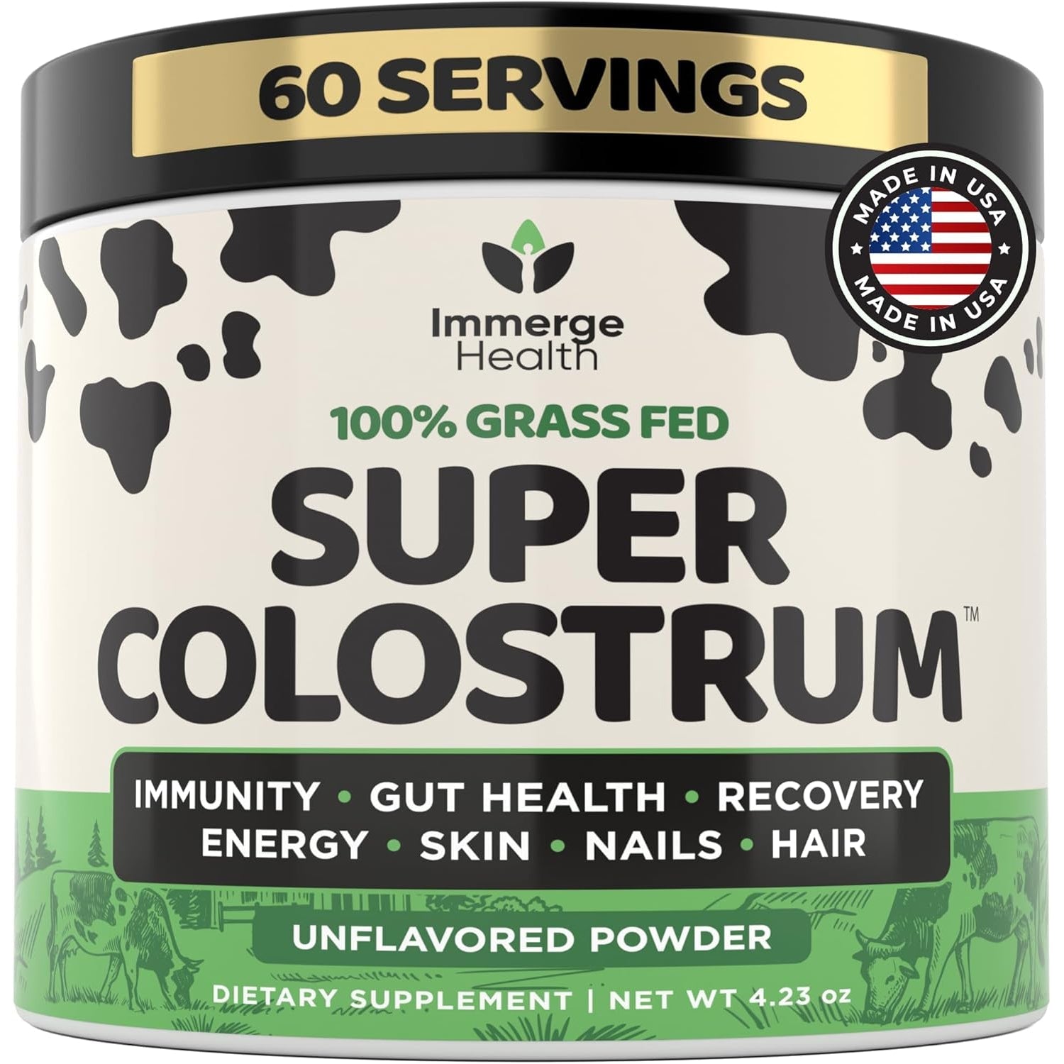 Immerge Health Super Colostrum Powder (60 Servings) – Premium Bovine Colostrum Supplement for Gut Health, Bloating & Immune Support – High Igg, 100% Grass Fed First Milking, Unflavored, Made in USA