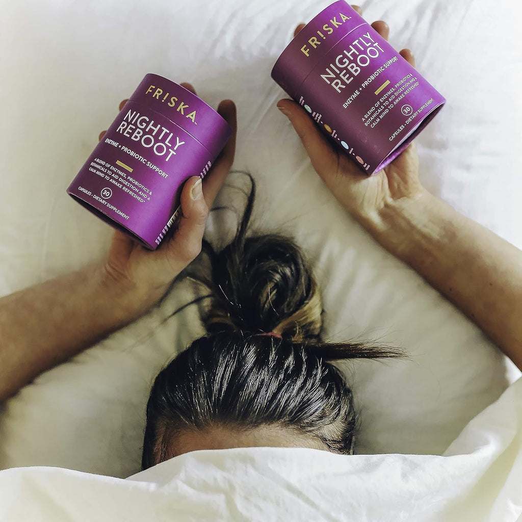 Friska Nightly Reboot - Nighttime Digestive Enzymes, Probiotic for Gut Balance & Bloating Support, with Melatonin & Chamomile to Promote Relaxation & Sleep, 30 Capsules