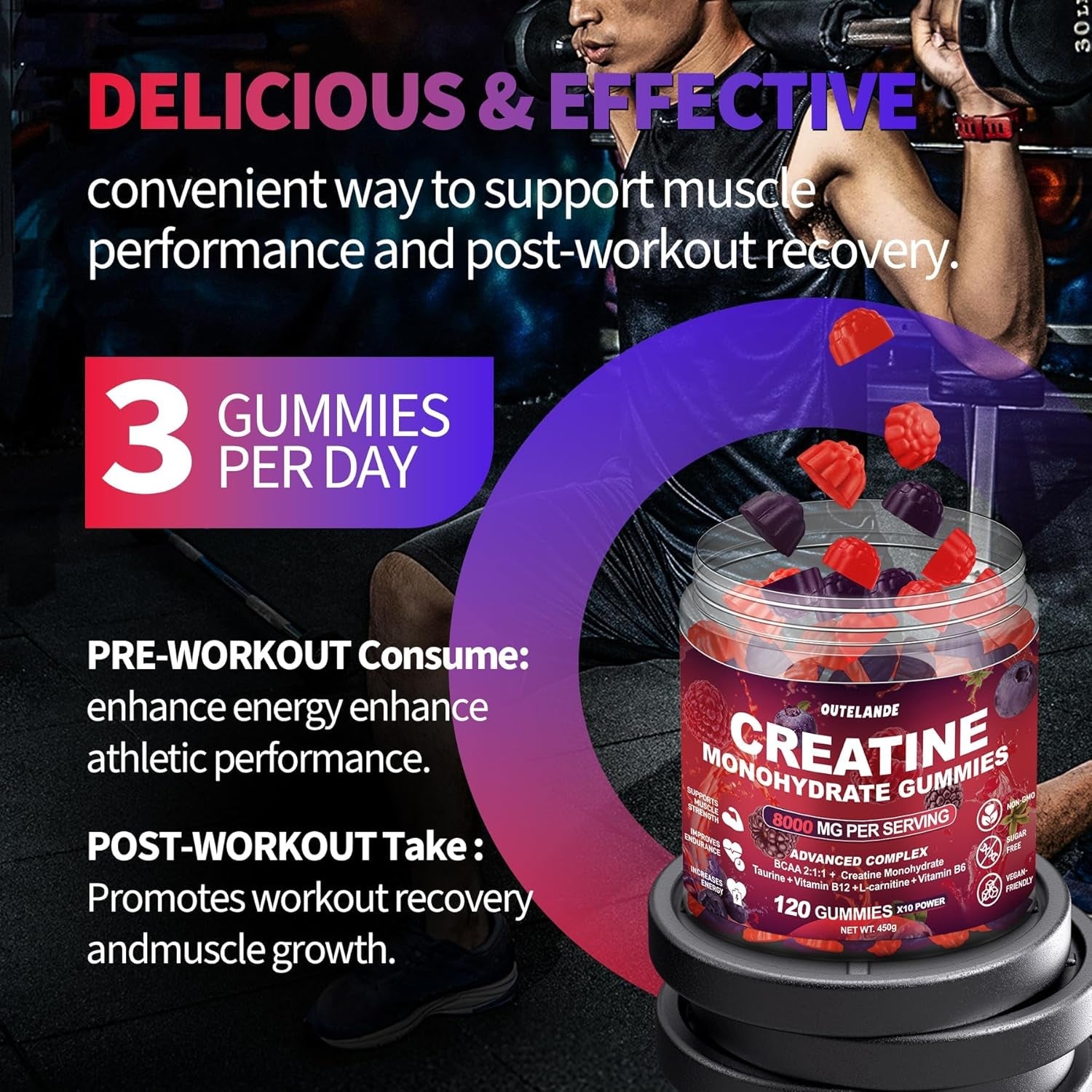 Creatine Monohydrate Gummies for Men & Women, Creatine Supplement for Enhanced Muscle Growth, Energy Boost - with L-Taurine, Sugar Free, Vegan, Raspberry Blackberry Blueberry Flavor-120 Count