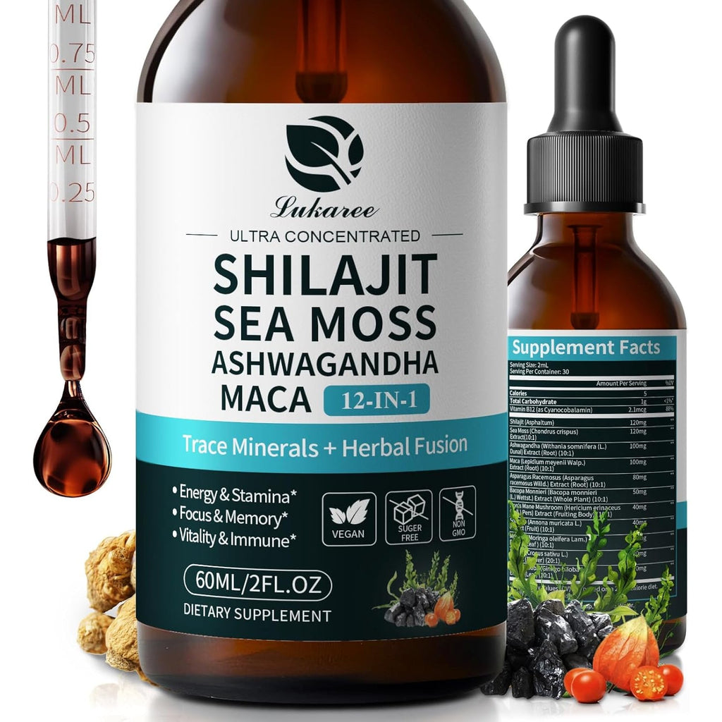 Shilajit Liquid Drops, 12-In-1 Complex - Sea Moss, Ashwagandha, Maca, Fulvic Acid, Trace Minerals, Liquid Vitamins Supplement for Men and Women, Energy, Antioxidant, Immune Support, 60ML/2 FL Oz