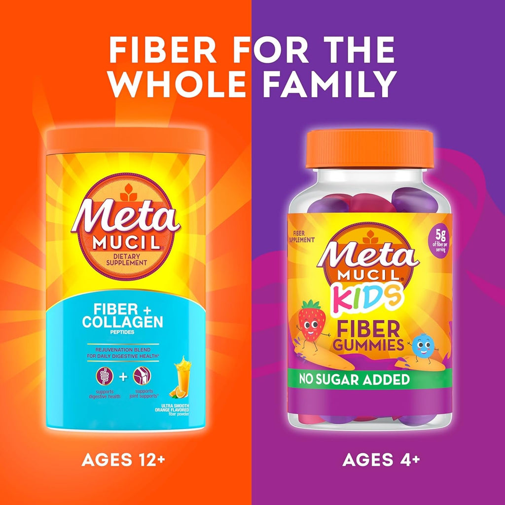 Metamucil Daily Fiber + Collagen, Psyllium Husk Powder, Plant Based Fiber Supplement, Sugar-Free with Stevia, 3-In-1 Fiber Supplement for Digestive Health, Orange Flavored, 90 Doses