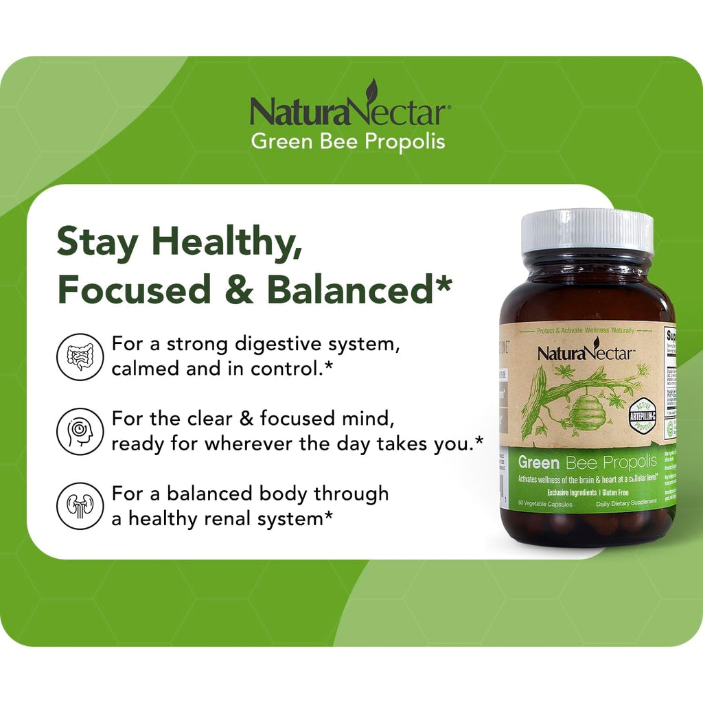 Naturanectar - Green Bee Propolis Capsules - NSF Contents Certified Brazilian Green Propolis - Gluten-Free Propolis Supplements with Flavonoids - Naturally Sourced through Ethical Beekeeping (60Pcs.)