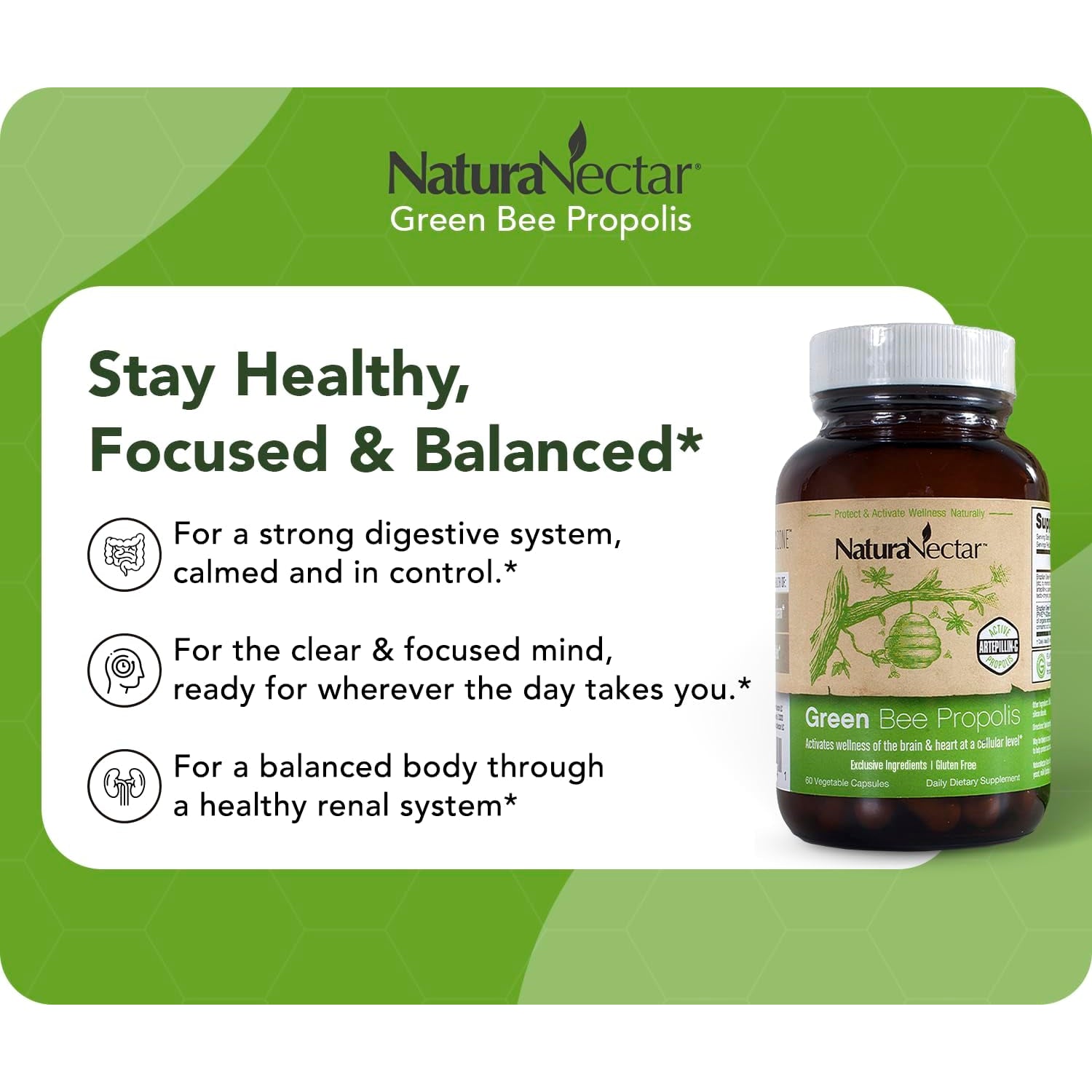 Naturanectar - Green Bee Propolis Capsules - NSF Contents Certified Brazilian Green Propolis - Gluten-Free Propolis Supplements with Flavonoids - Naturally Sourced through Ethical Beekeeping (60Pcs.)