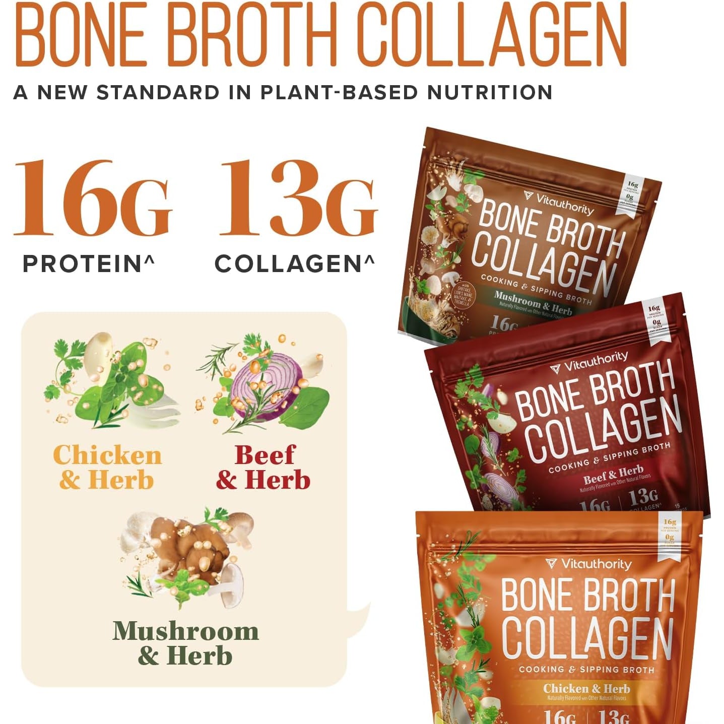 Vitauthority Bone Broth Collagen Delicious Chicken Noodle Flavored - Packed with 16G of Protein & Types I, II, III - Nourishes Skin, Hair, Nails, Joints, & Gut - Beef Bonebroth