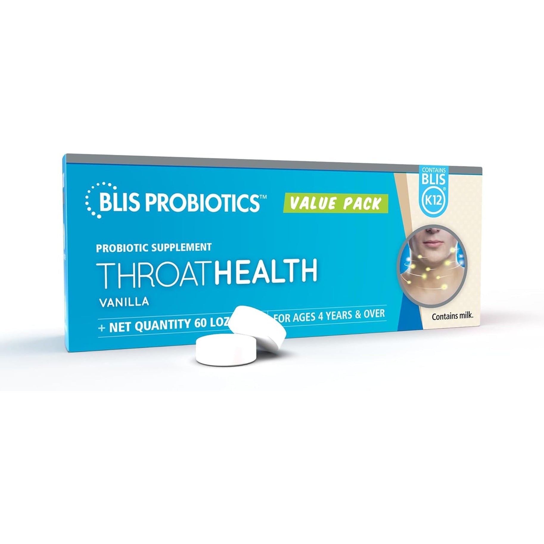 BLIS Throathealth Oral Probiotics K12 - Immune & Throat Support, Vanilla - 60 Lozenges, 2.5 Billion CFU