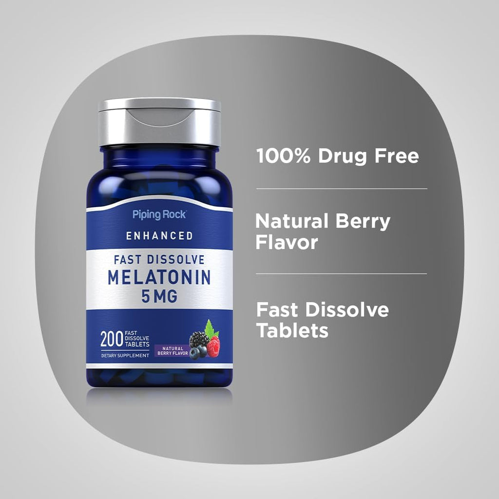 Piping Rock Melatonin 5Mg | 200 Fast Dissolve Tablets | Berry Flavor | Adult Supplement | Vegetarian, Non-Gmo, Gluten Free Formula