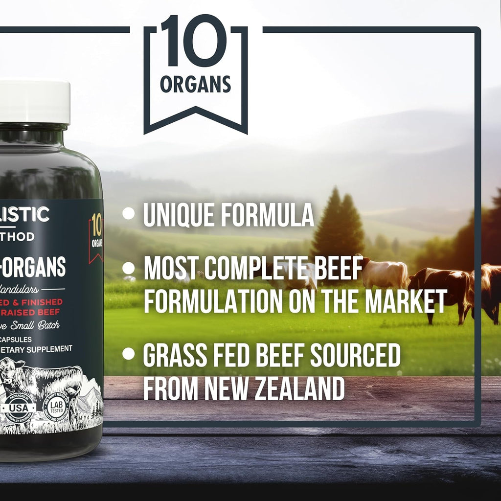 Beef Organ Supplement Complex - 10 Carnivore Grass Fed Proprietary Blend of Liver, Marrow, Brain, Thymus, Spleen, Kidney, Colostrum, Heart, Pancreas, Gallbladder - 180 Caps