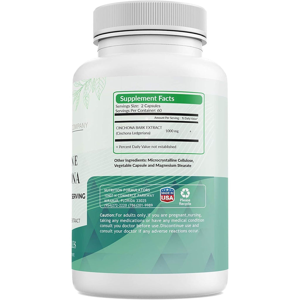 Quinine Cinchona Bark Extract 1000 Mg – Herbal Supplement for Muscle & Leg Cramp Relief, Digestive Support & Immune Health – 120 Capsules, Non-Gmo, Made in USA
