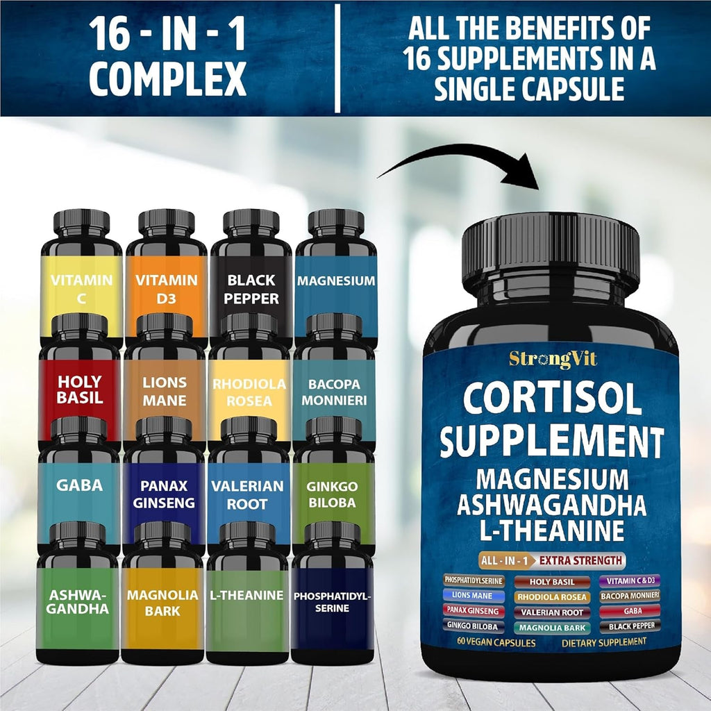 Strongvit Cortisol Supplements for Women and Men with Magnesium, Ashwagandha & L-Theanine. High Cortisol Reducer, Manager, Detox, Lower and Control. Sleep Support & Stress Relief, USA